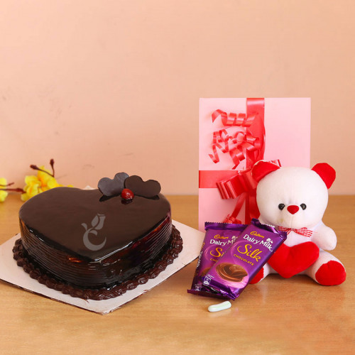1/2 Kg Heart Shape Chocolate Cake, 2 Dairy Mikl Silk Chocolate, 6 Inch Teddy, 1 Greeting Card