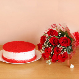 10 Red Roses with Half kg red Velvet Cake