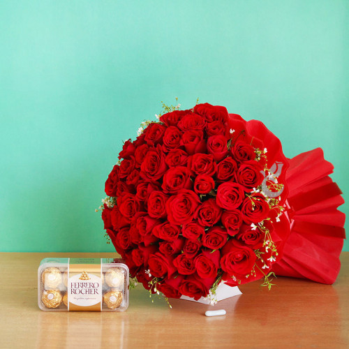 50 Red Roses with 16 Ferrero Rocher