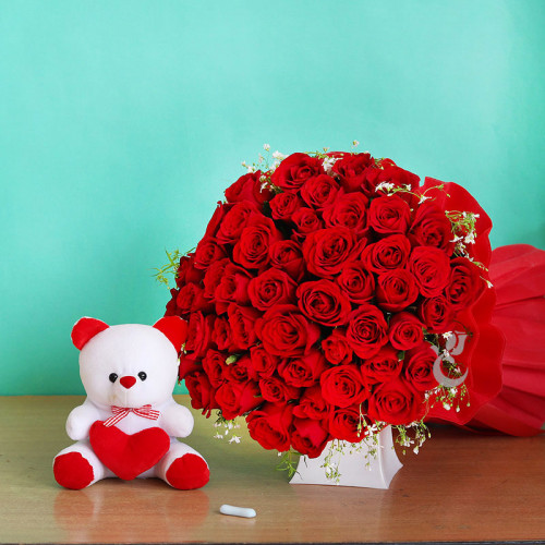 50 Red Roses with 6 inches Teddy