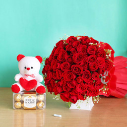 50 Red Roses+24 ferrero Rocher+Teddy