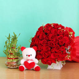 combo of 50 Red roses+6 inches teddy+1 Lucku Bamboo