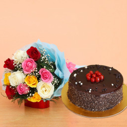 Combo Gift of 10 mixed roses bouquet and Half kg chocolate cake 