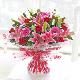 Mixed Bouquet of Pink Lilies Red Roses and Gerberas