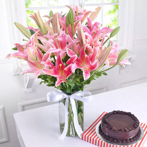 12 Pink Lilies with Half kg Chocolate cake