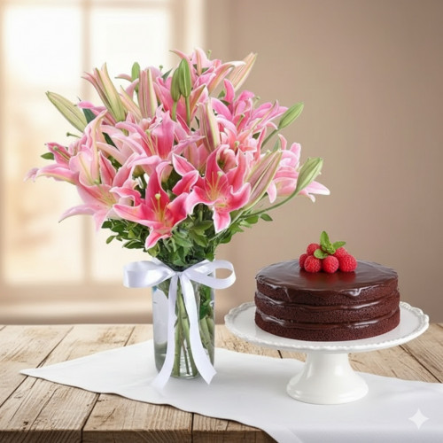 Perfect Day With Lilies: A Gift Combo of 6 Pink Lily in a Glass Vase and 0.5 Kg Chocolate Cake