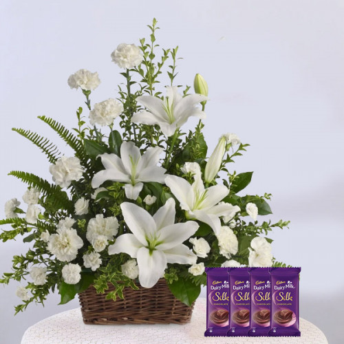 20 White Carnations+4 White Lilies +4 Dairy Milk silk