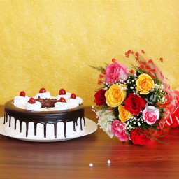 Combo of 10 Mixed Roses Bouquet & Half kg Black Forest Cake