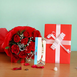 Rakhi Box Of Love contains 10 red roses with greeting card + One Rakhi