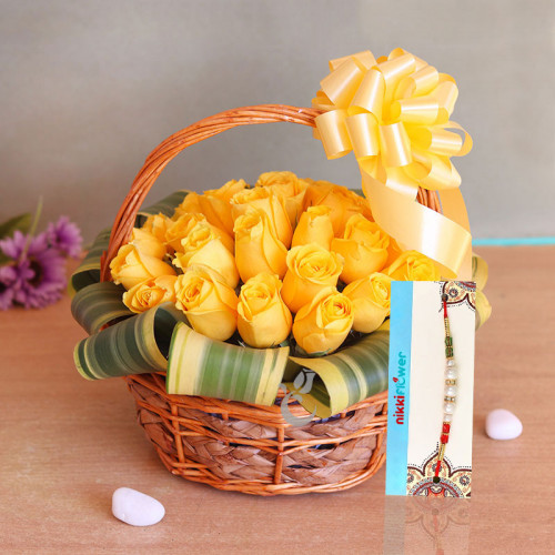 Yellow bowed Rakhi Basket - 30 Yellow roses arrangment + One rakhi