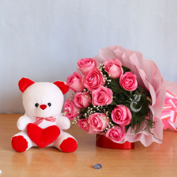 Combo Gift of Twelve Pink Roses and 12-Inch Teddy