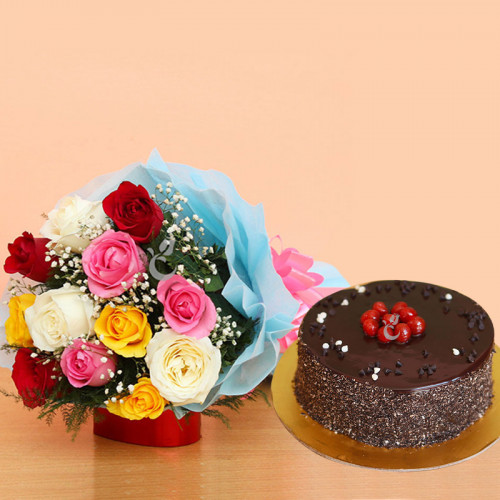 gift 10 mix roses + half kg chocolate cake