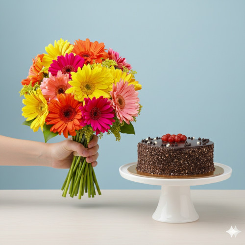 Gebras and Truffle Cake Combo: A Gift Combo of 12 Mix Gerberas and 0.5 Kg Chocolate Truffle Cake Gebras and Truffle Cake Combo: A Gift Combo of 12 Mix Gerberas and 0.5 Kg Chocolate Truffle Cake