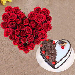 Heart Shaped Roses and Cake Combo: A Gift Combo of 30 Heart Shape Arrangement and 0.5 Kg Chocolate Cake Heart Shaped Roses and Cake Combo: A Gift Combo of 30 Heart Shape Arrangement and 0.5 Kg Chocolate Cake