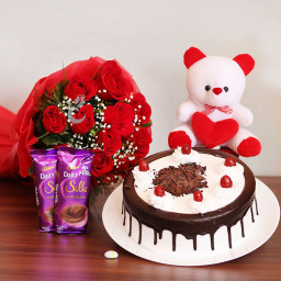 Combo of 10 Red Roses + 2 Cadbury's Dairy Milk Silks + Half Kg Black Forest Cake + 6inches 1 Teddy Bear