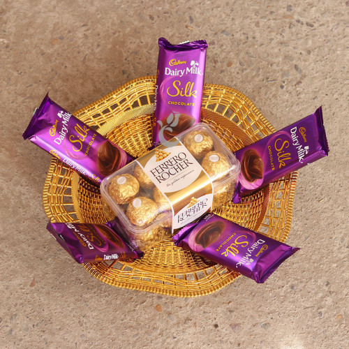 Combo Gift of 1 Ferrero Rocher Chocolate (16pcs) with  5 Dairy Milk Silk Chocolate in a Basket