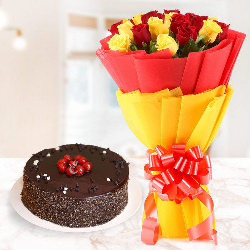 10 yellow and 10 red Roses + chocolate cake