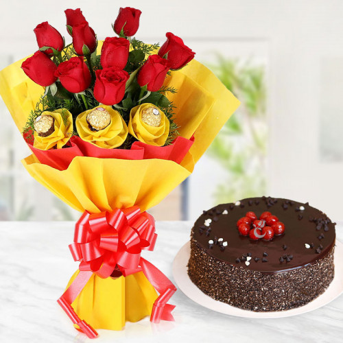 10 red roses,3 ferrero rocher with chocolate cake