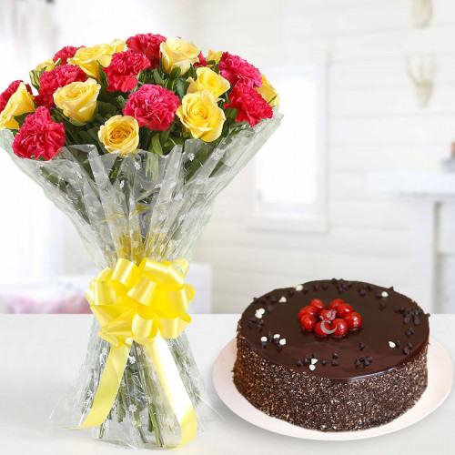 10 red carnation + 10 yellow roses + half kg chocolate cake