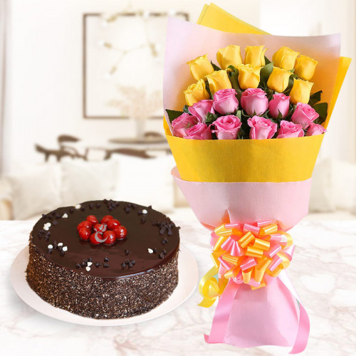 Bouquet of 10 Yellow and 10 Pink Rose in Pink and Yellow Paper Packing & Half Kg Chocolate Cake