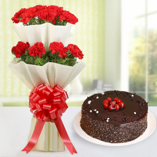 2 Tier Bouquet of 20 Red Carnation in White Paper Packing & Half Kg Chocolate Cake
