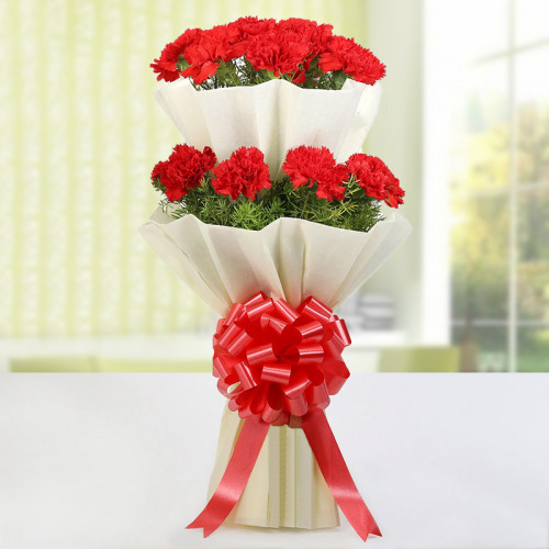 2 Tier Bouquet of 20 Red Carnation in White Paper Packing