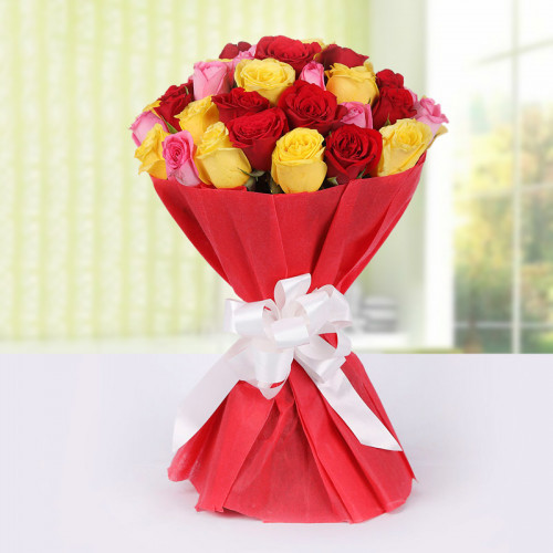 30 Mix Rose Bouquet of Red Yellow and Pink in Red Paper Packing