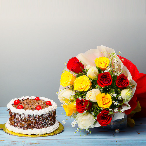 Combo of 12 mix Roses Bunch With Half Kg chocolate Cake