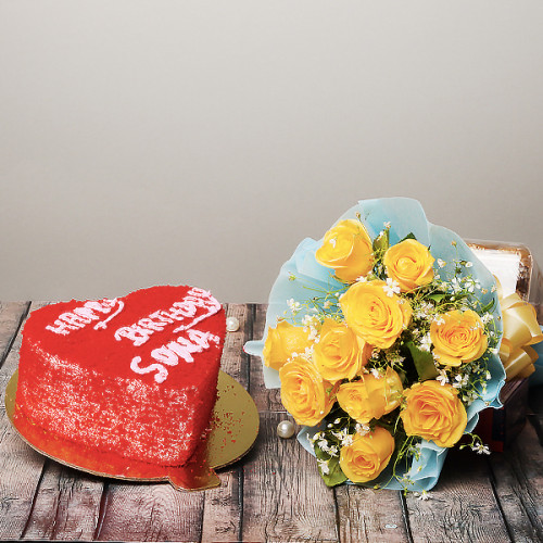 10 yellow roses + heart shape red valvet cake