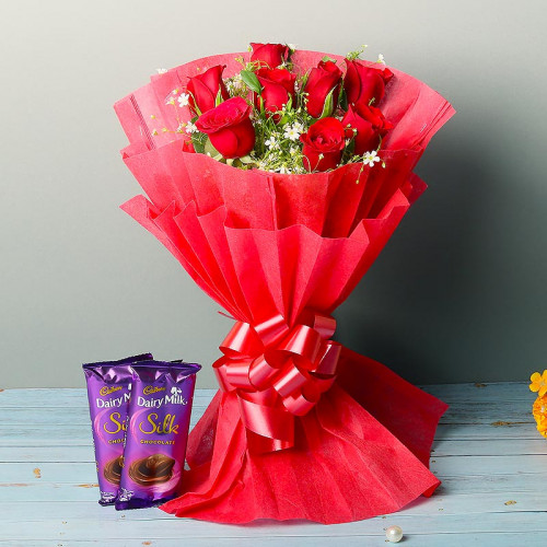 8 Red Rose with 2 Diary Milk Silk