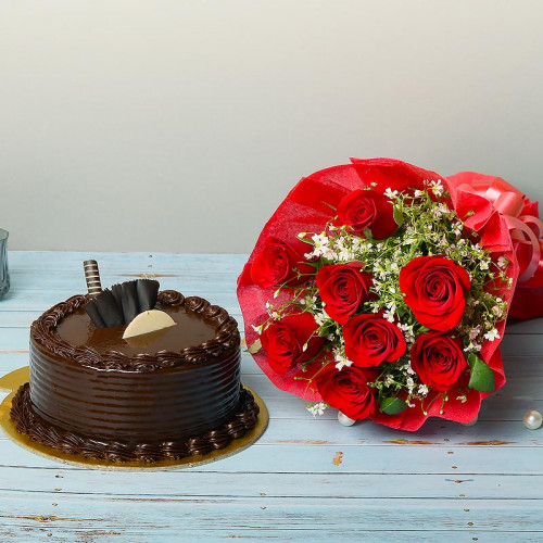Red Rose Bouquet with Chocolate truffle Cake