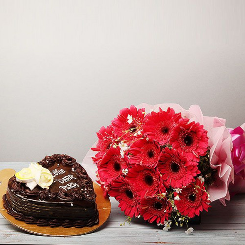 12 Gerbera with Chocolate Cake
