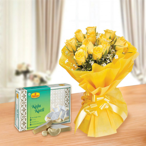 12 Yellow Roses & 250 Gm Kaju Katli