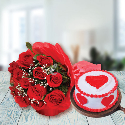 12 Red Roses & 0.5 Kg Red Velvet Cake