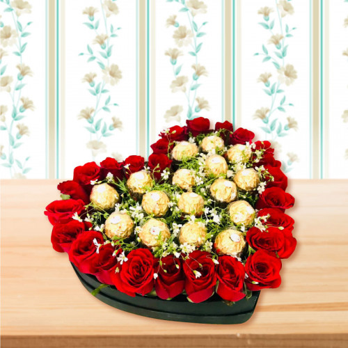Heart Shape Arrangement Of 25 Red Roses & 16 FerroRocher 