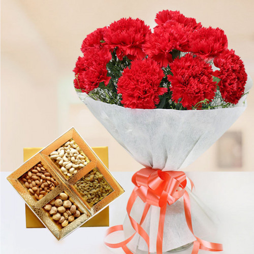 10 Red Carnation & 500 gm Mix Dry Fruit Box