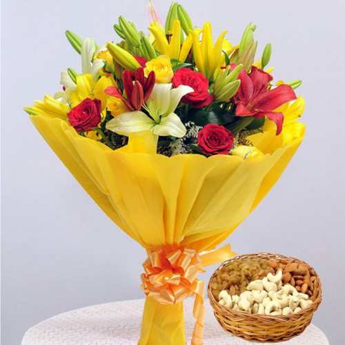 5 Yellow Lily, 5 Red Rose,5 Yellow Rose,2 Red Lily & 500 gm Mix Dry Fruit