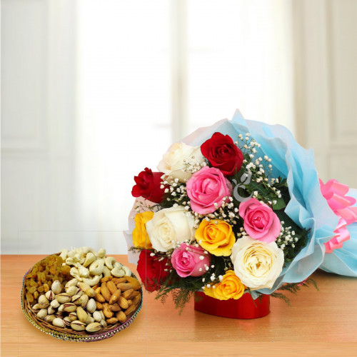 12 Mix Roses &  500 gm Mix Dry Fruit Plate