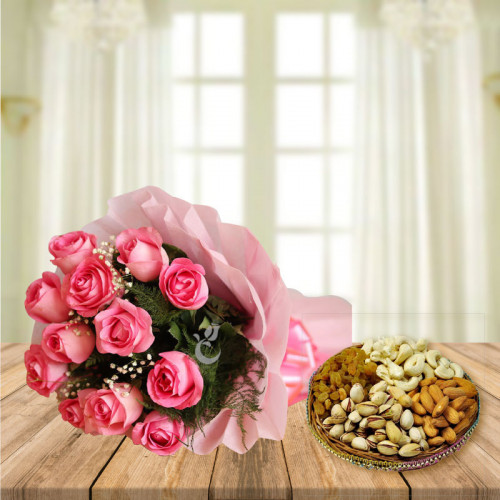 12 Pink Roses & 500 gm Mix Dry Fruit Plate 