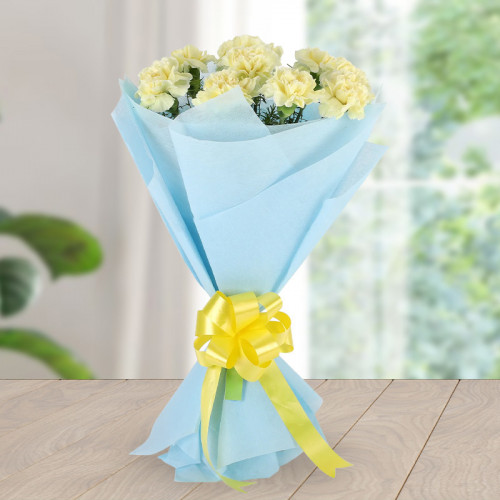 10 Yellow Carnations in Blue Packing Paper