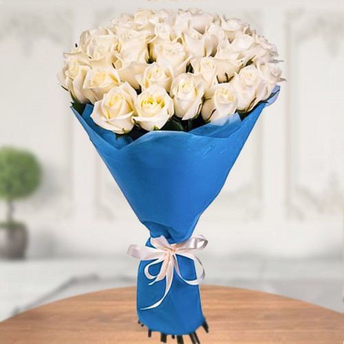  50 White Roses in Blue Paper Packing