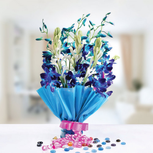  6 Blue Orchids in Blue Paper Packing 
