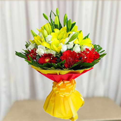 6 Yellow Lily, 12 white Roses,10 Red Gerbera