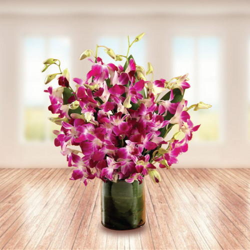 10 Purple Orchids in a Glass Vase