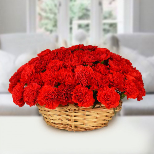 50 Red Carnation in Bamboo Basket 