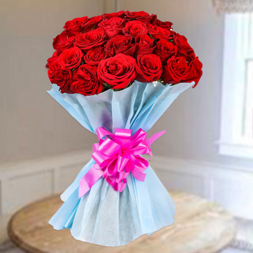 50 Red Roses in Blue Paper