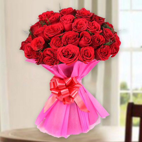 50 Red Roses in Pink Paper Packing