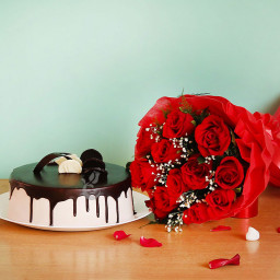 Combo of 10 Red Roses Bouquet & Half kg Chocolate Truffle Cake