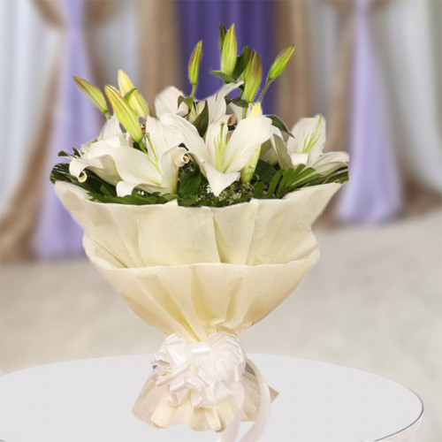 6 White Lilies in White Paper Packing