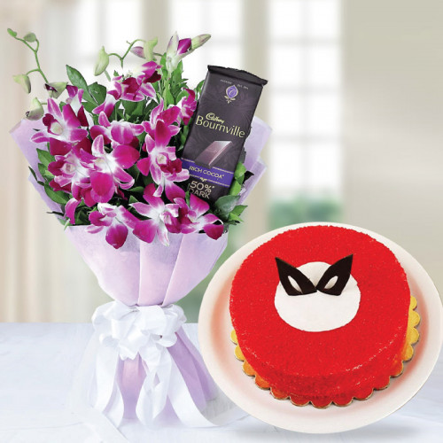 Red velvet cake with Purple Orchids 